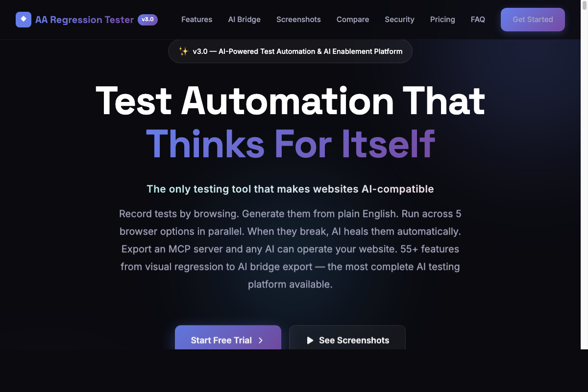 AA Regression Tester AI-powered autonomous test automation platform interface